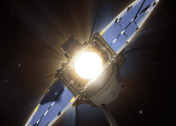 An artist's rendering of a Caltech spacecraft in space, marking a milestone achievement for the Space Solar Power Project.