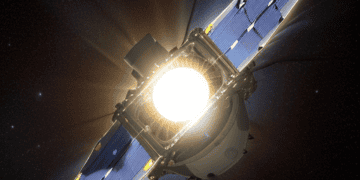 An artist's rendering of a Caltech spacecraft in space, marking a milestone achievement for the Space Solar Power Project.