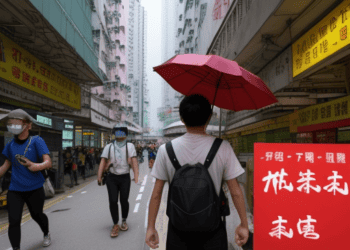 A man walking down a street in Hong Kong with a red umbrella.