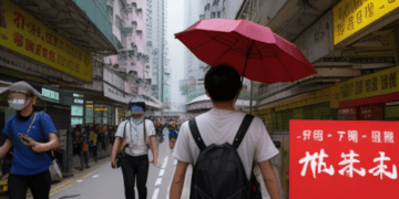A man walking down a street in Hong Kong with a red umbrella.
