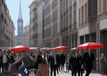 A group of people walking down a street in April, holding red umbrellas.