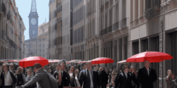 A group of people walking down a street in April, holding red umbrellas.