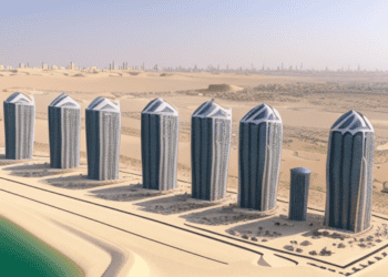 Aldar Properties investments in Egypt include a group of buildings in the desert near a body of water.