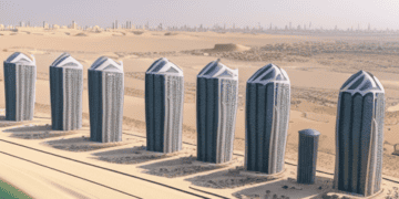 Aldar Properties investments in Egypt include a group of buildings in the desert near a body of water.