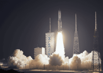 A Chinese rocket is taking off with smoke coming out of it during a satellite launch.