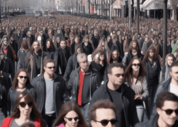 In April, there was a significant increase in the US Personal Consumption Expenditures Index as a crowd of people walked down a city street.