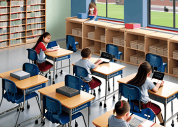 Elementary school classroom with students working at desks, showing improved supply chain efficiency through modern furniture and resources. - Supply Chain News