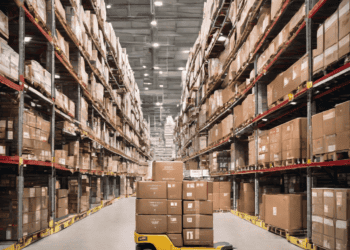Warehouse interior with yellow forklift carrying boxes. Efficient supply chain and logistics. - Supply Chain News