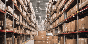 Warehouse interior with yellow forklift carrying boxes. Efficient supply chain and logistics. - Supply Chain News