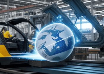 A machine with a globe on it in a global manufacturing factory.