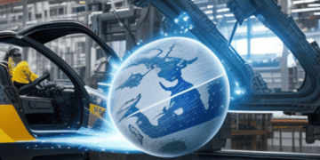 A machine with a globe on it in a global manufacturing factory.