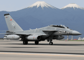 A fighter jet on a runway with a mountain in the background, representing the strength and advancement of Japan's defense capabilities.