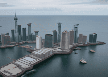 A 3D model of a city in the middle of an Asia-Pacific body of water.