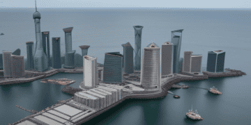 A 3D model of a city in the middle of an Asia-Pacific body of water.