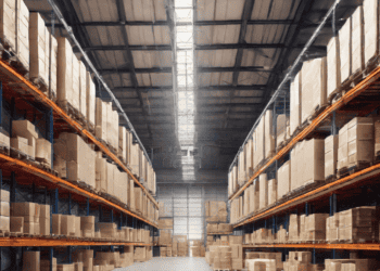 Modern warehouse interior with high shelves stocked with cardboard boxes. Industry 4.0 warehouse design. - Supply Chain News
