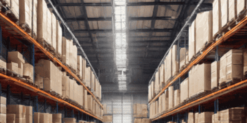 Modern warehouse interior with high shelves stocked with cardboard boxes. Industry 4.0 warehouse design. - Supply Chain News