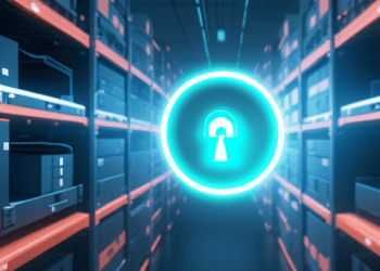 Cybersecurity lock icon in data center; enhancing supply chain security. - Supply Chain News
