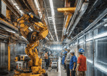 Large industrial robot arm in Asian factory; workers observe advanced manufacturing technology. - Supply Chain News