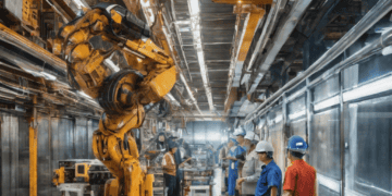 Large industrial robot arm in Asian factory; workers observe advanced manufacturing technology. - Supply Chain News