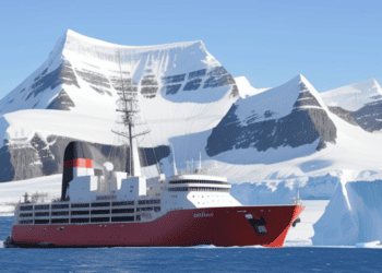 A ship in the water near an iceberg in Canada.