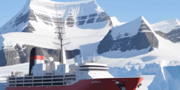 A ship in the water near an iceberg in Canada.