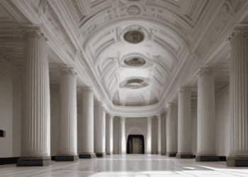 A white hallway with columns and a light shining on it, serving as the backdrop for key negotiations regarding the US Debt Ceiling.