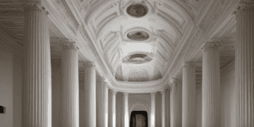 A white hallway with columns and a light shining on it, serving as the backdrop for key negotiations regarding the US Debt Ceiling.