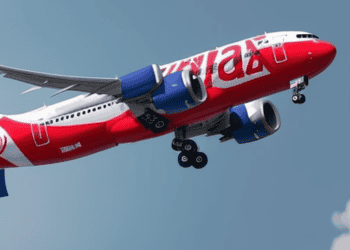 In Malaysia, an Aviation Business proudly presents a Capital A- red and white airplane flying gracefully in the sky.