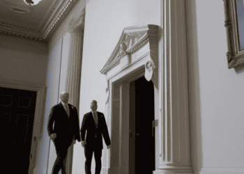 Two men in suits engaged in talks while walking down a hallway.