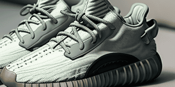 A pair of green Adidas sneakers, part of the Yeezy merchandise collection, displayed on a floor.