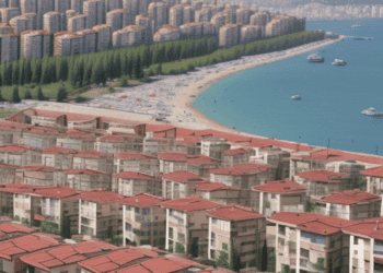 A 3d rendering of a city with a beach in the background, illustrating the housing challenges and economic pressures in Turkey.