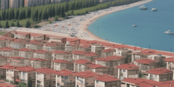 A 3d rendering of a city with a beach in the background, illustrating the housing challenges and economic pressures in Turkey.