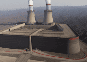 A 3D rendering of a coal power plant in China with smoke emissions.