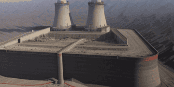 A 3D rendering of a coal power plant in China with smoke emissions.