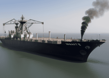 A large ship with smoke coming out of it, possibly indicating tanker diversions in the Middle East Crisis.