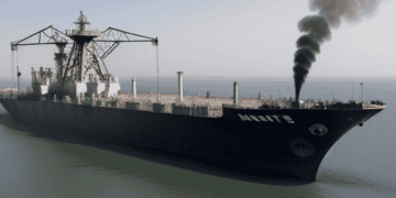 A large ship with smoke coming out of it, possibly indicating tanker diversions in the Middle East Crisis.