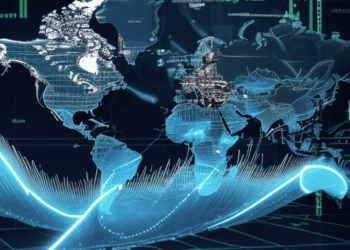 A futuristic 3D image of a world map displayed on a computer screen, providing valuable data for potential investors and highlighting anticipated economic transitions in 2024.
