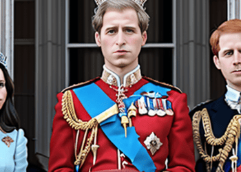 Kate Middleton, Prince William, and Prince Charles pose on a balcony of the British Royal Family.