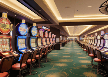 A Southeast Asian casino featuring slot machines, highlighted in a UN report on cyber fraud.