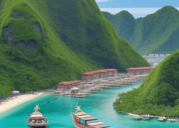 An international tourist arrivals boat docked near a tropical island in the Philippines.