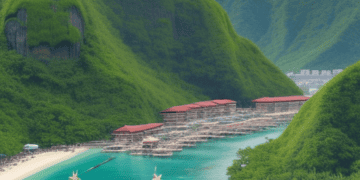 An international tourist arrivals boat docked near a tropical island in the Philippines.