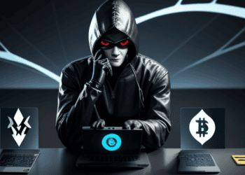 A man in a hoodie sits at a desk with a laptop and bitcoins as he utilizes the services of Crypto Drainer-as-a-Service Gang.