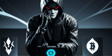 A man in a hoodie sits at a desk with a laptop and bitcoins as he utilizes the services of Crypto Drainer-as-a-Service Gang.