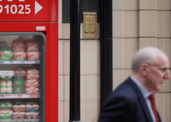 A man in a suit walking past a vending machine near a busy street.