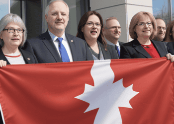 A group of people holding a Canadian flag in a show of solidarity and celebrating a tentative agreement that resolves the strike.