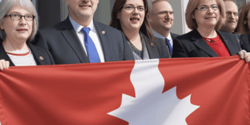A group of people holding a Canadian flag in a show of solidarity and celebrating a tentative agreement that resolves the strike.