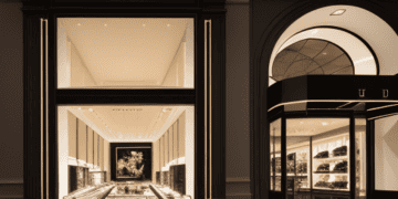 Luxury IAMI jewelry boutique storefront at night. Elegant display windows showcase high-end inventory. - Supply Chain News