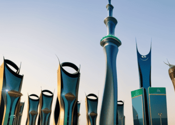 Modern skyscrapers and a tall tower in Saudi Arabia, showcasing the country's architectural advancements and reflecting the Public Investment Fund's impact. - Supply Chain News