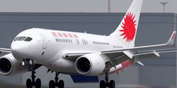 A red and white passenger jet taking off from an airport in China.