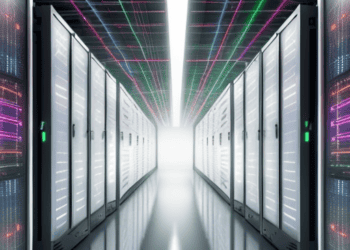 An image of a server room with colorful lights depicting the future electricity demand for datacenters based on IEA's forecast for 2026.